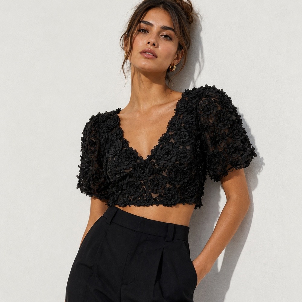 Zara Women Black 3D Floral Applique Mesh Puff Sleeve Crop Top Small